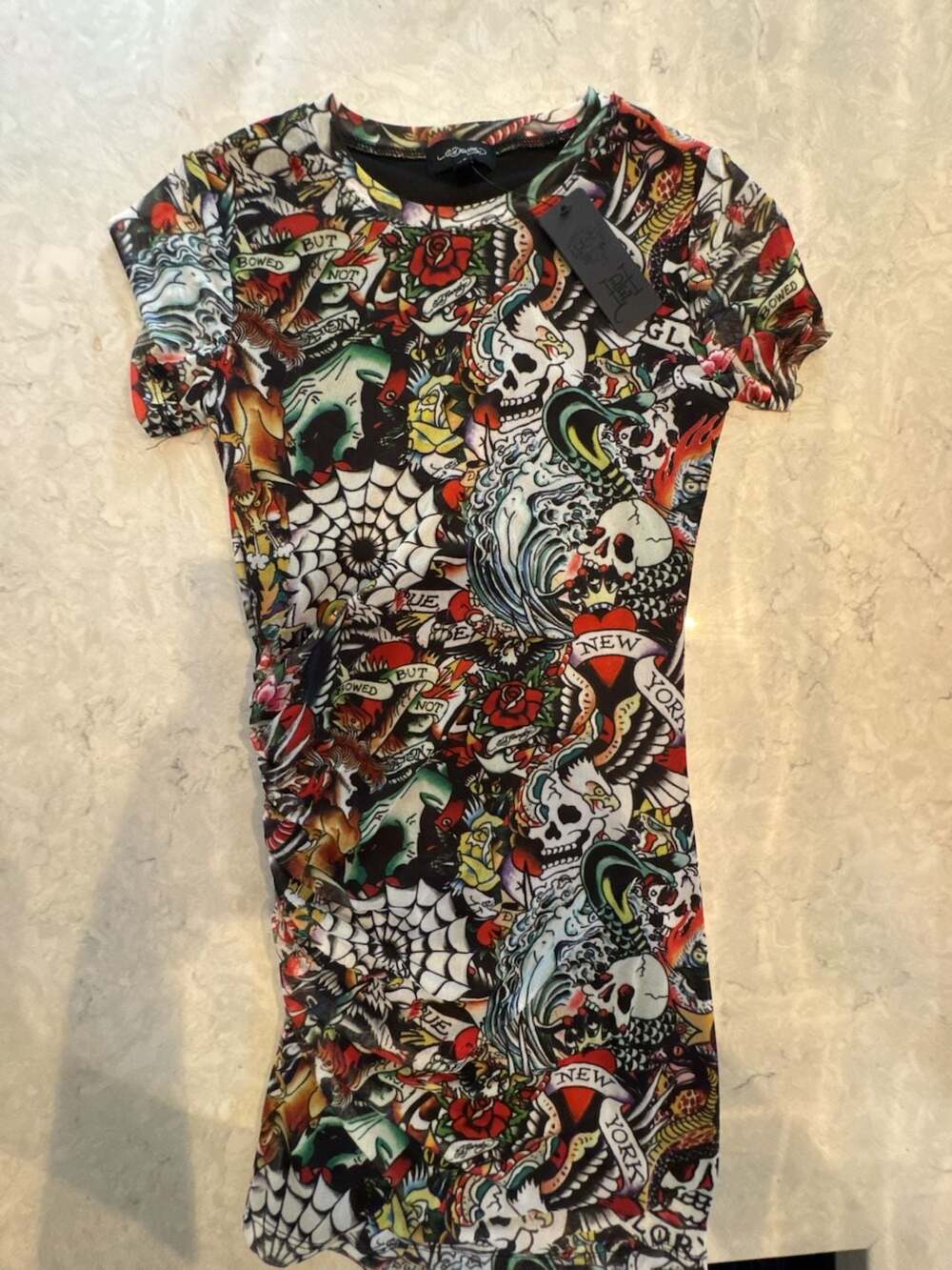 Ed Hardy Tattoo Collage All-Over Print Mesh dress XS